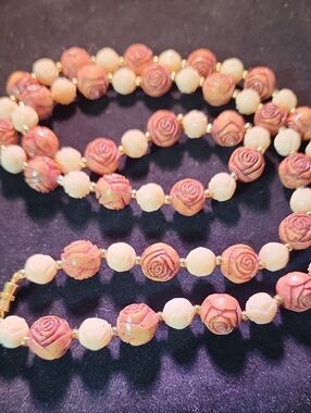 Handcrafted Pink Rose-Bead Necklace with Cream Accents